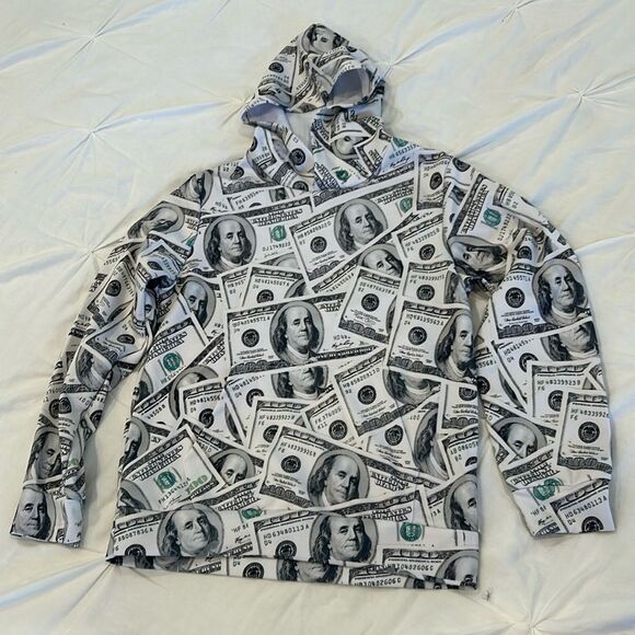 Kids' 100 Dollar Bill Print Long Sleeve Round Neck Pullover Hoodie Fits Large 10 - Picture 1 of 7